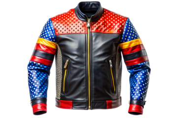 A bold and colorful men's designer leather jacket with red and blue star patterns, isolated on a white background. Concept of urban couture and expressive fashion