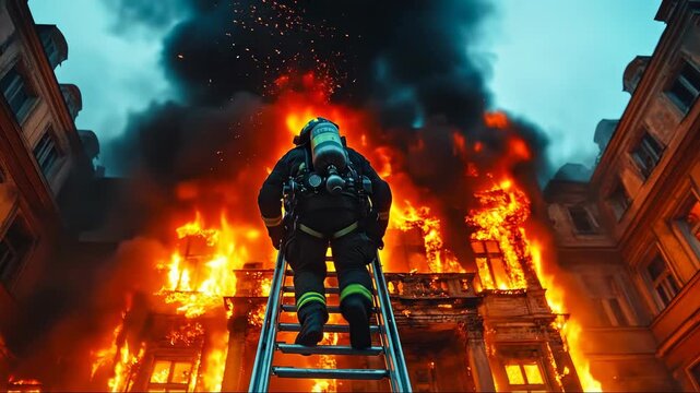 Firefighter climbs to fight fire. A firefighter ascends a ladder to combat a fierce fire engulfing a historic building during the evening.