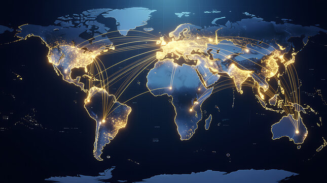Illuminated world map at night showing global city lights and connectivity with bright urban centers and networks spanning continents