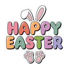 Happy Easter Typography with Bunny Ears and Paw Prints in Pastel Colors