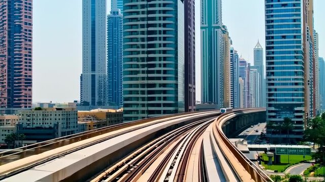 Modern Cityscape with Elevated Train Tracks and Skyscrapers.