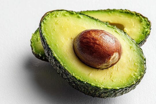 A single ripe avocado half with seed displayed close up