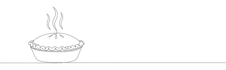 Continuous line drawing of a steaming hot pie, representing baking, comfort food, and homemade desserts, isolated on a white background.