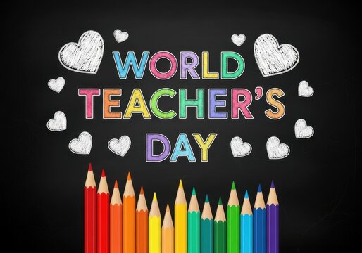 World teachers day message with colorful pencils and hearts