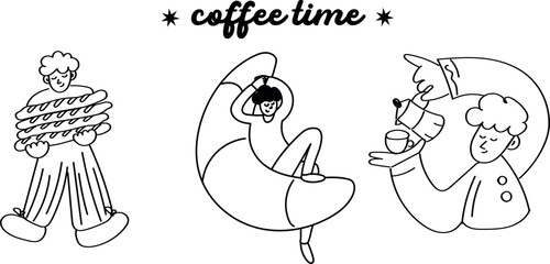 Hand-drawn doodle coffee set with barista, coffee machine, mugs, and beans — perfect for advertising.