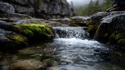 Obraz premium A clear stream flows over mossy rocks in a serene natural wilderness setting