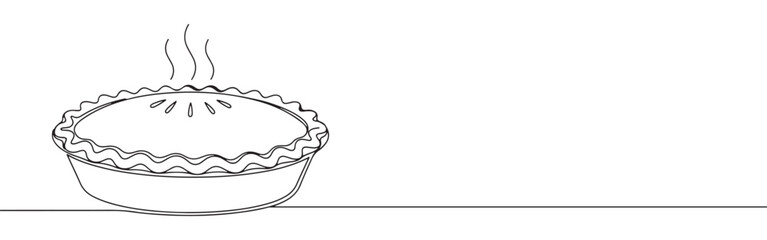 Continuous line drawing of a steaming hot pie, representing baking, comfort food, and homemade desserts, isolated on a white background.