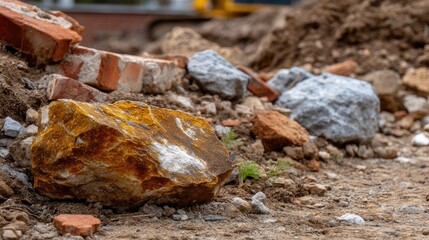 Fototapeta premium Scattered bricks and concrete chunks cover the ground at a construction site, showcasing remnants of a recent building project