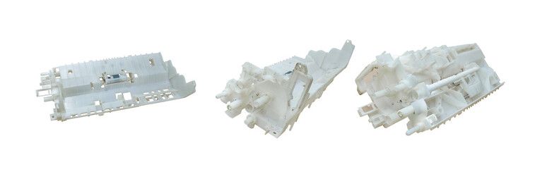 White plastic internal printer chassis parts isolated on transparent