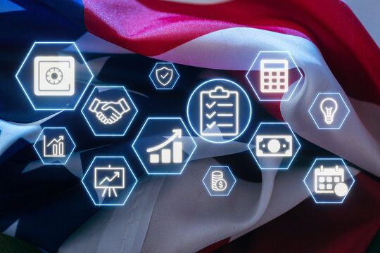 American flag background with digital business icons showing finance and planning concepts for modern enterprises
