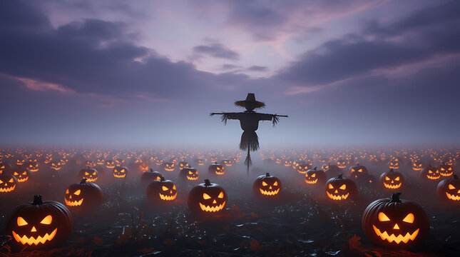 Spooky halloween night scene with a lone scarecrow standing guard over a field of glowing jack o lanterns under a dramatic twilight sky with ominous clouds