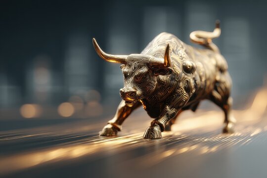 Gilded Bull Statue Charging Upwards Displaying Financial Strength