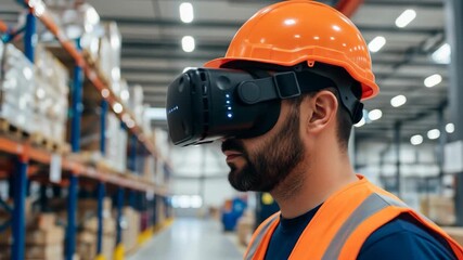 Warehouse worker wearing vr headset and hardhat in a distribution center for inventory management and logistics optimization using augmented reality technology solutions - Powered by Adobe