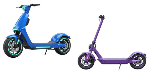 Set of eco smart scooters with futuristic electric design  showcasing modern urban mobility, isolated on white, transparent background