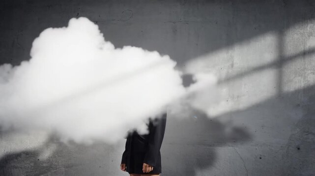 Cloud above a stylish person on a grey backdrop