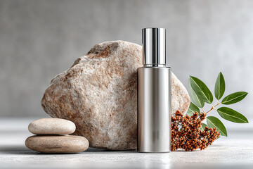 A jar of serum on a background of three pebbles. Generative AI