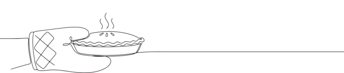 Continuous line drawing of a hand in an oven mitt holding a hot pie, symbolizing home baking and fresh food, isolated on a white background.