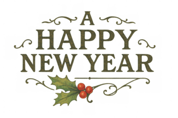 Happy new year text with vintage elegant design, featuring green holly leaves and red berries, transparent background
