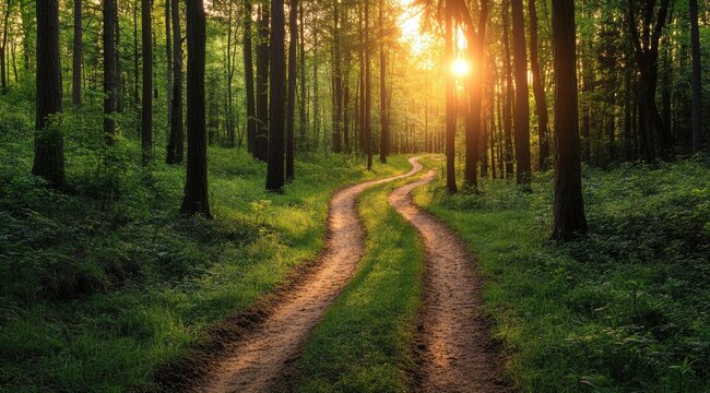 Sunbeams on a winding forest path (1)