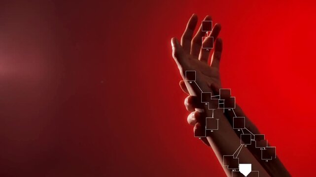 4K Ultra HD footage of hands over a red background enhanced with digital blob and trace effect overlay, combining human gestures with abstract creative animation and modern visual design.