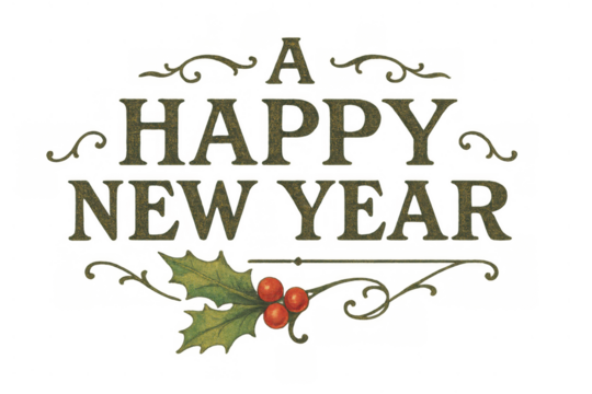 Happy new year text with vintage elegant design, featuring green holly leaves and red berries, transparent background