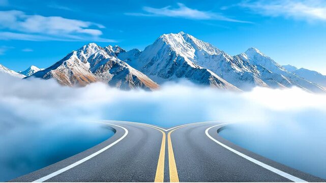 Mountain road leads into the clouds. A winding road splits between majestic mountains and clouds under a bright blue sky, inviting exploration and adventure.