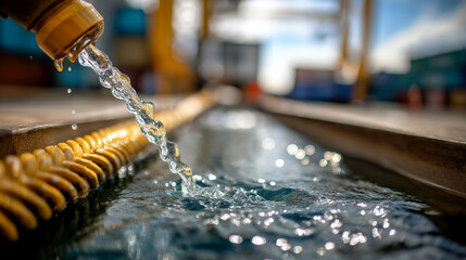 Detailed shot of ship&rsquo;s tank inlet with connected fuel hose, wet surfaces catching sunlight, cranes and stacked containers forming dynamic background