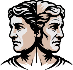 Past and Future Concept- Stylized Janus Illustration.