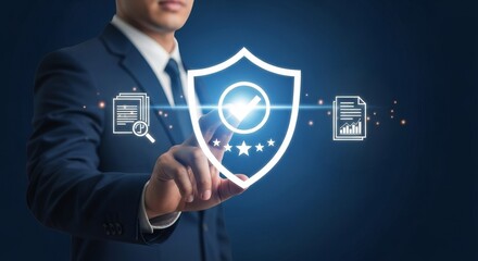 Business Professional Interacting with Digital Interface Showing Shield of Quality and Compliance