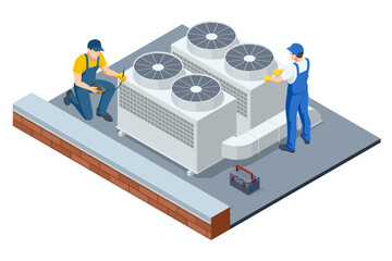 Isometric illustration of industrial HVAC system maintenance on rooftop with engineers checking air conditioners and ventilation units. Concept of heating, cooling, and climate control technology.