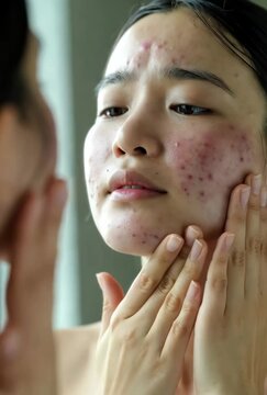 Teenage girl with acne gently examines her reflection, softly touching face in front of mirror. Honest and emotional moment of skincare and self-acceptance.