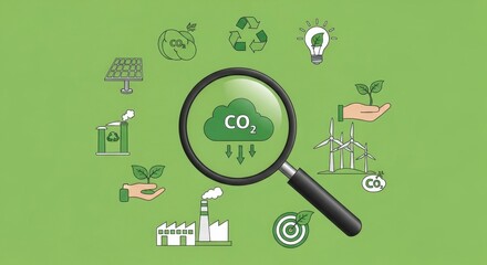 Magnifying Glass Over CO2 Cloud with Environmental Icons - Sustainability and Carbon Footprint Concept