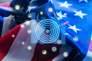 Digital symbols overlayed on American flag representing technology and patriotism in the United States