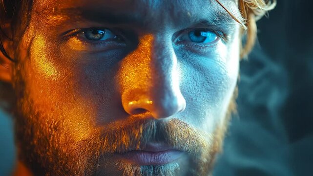 Man with striking blue eyes. A man gazes intensely, showcasing his blue eyes and facial features illuminated by warm lighting.