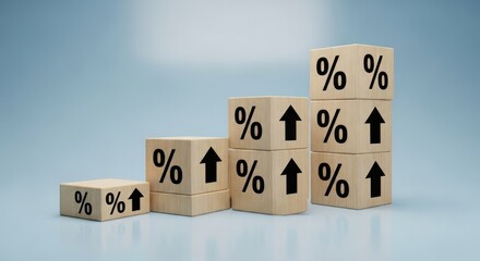 Wooden Blocks Stacked in Increasing Staircase Pattern with Percentage and Up Arrow Symbols Representing Financial Growth