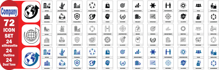 Company Icon Set Silhouette Outline Dual-tone, 72 vector icons pack for corporate organization office team leadership strategy partnership mission vision web ui ux presentation © ATIQULISLAM