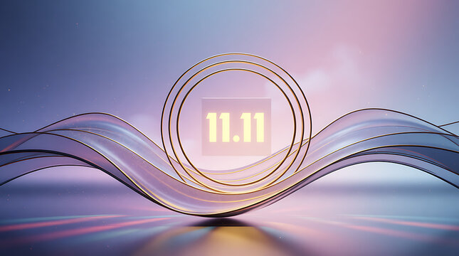 Futuristic abstract oval frame with glowing 11 11 digits inside set against a soft gradient background with flowing translucent waves and light reflections representing a digital sale or event