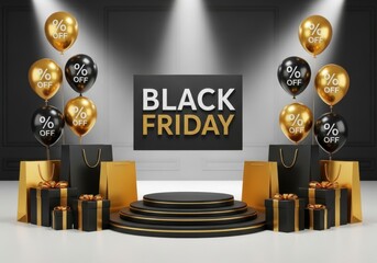 Black friday sale event with podium, gift boxes, and balloons