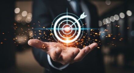 Precision and Focus: Businessman Holding a Digital Target Hologram Symbolizing Success and Strategy