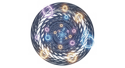 Abstract swirling vortex of luminous particles and glowing rings creating a futuristic cosmic nebula effect isolated on transparent background