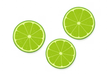 Three fresh lime slices showing green citrus fruit, transparent background, bright healthy food ingredients