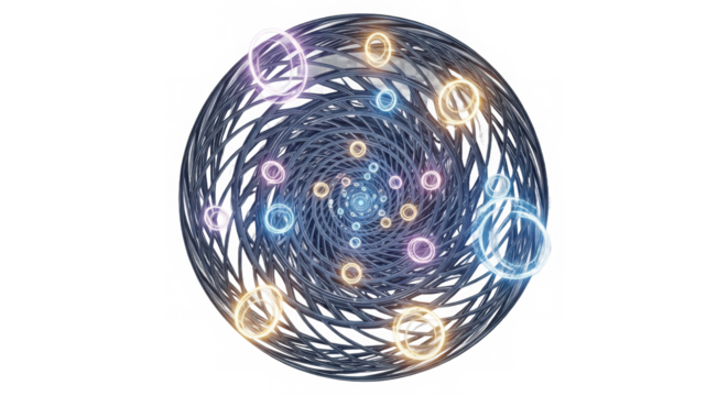 Abstract swirling vortex of luminous particles and glowing rings creating a futuristic cosmic nebula effect isolated on transparent background