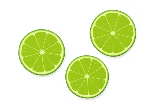 Three fresh lime slices showing green citrus fruit, transparent background, bright healthy food ingredients