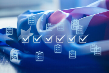 United States flag lying on a table with digital checkmarks representing compliance or completion...
