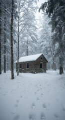 Solitary wooden structure sits nestled deep within a dense forest covered completely by fresh snow