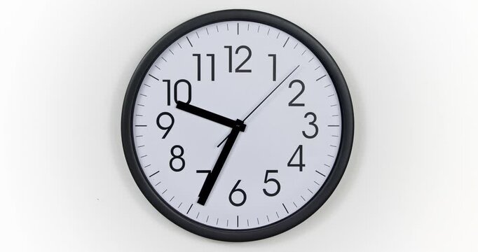 Round Wall Clock time lapse. Clock Counting Down 24 Hour Day Fast Speed. Clock with moving arrows. Clock time lapse UHD 4K. 12h loop. Black Frame, Red pointer second pointer. Time running fast