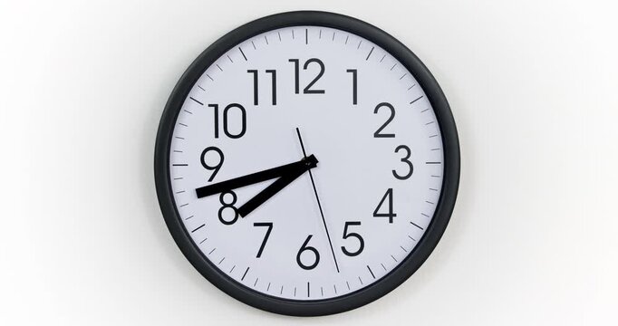 Round Wall Clock time lapse. Clock Counting Down 24 Hour Day Fast Speed. Clock with moving arrows. Clock time lapse UHD 4K. 12h loop. Black Frame, Red pointer second pointer. Time running fast