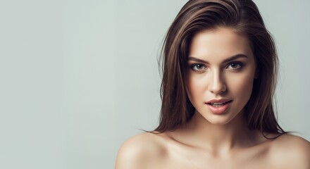 Naklejka premium Clean Studio Beauty Portrait of Brunette with Natural Makeup