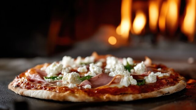 This pizza, topped with ham and cheese, is placed beside a rustic oven, ready to be enjoyed in a lush outdoor area