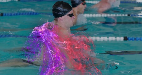 Cutting lead swimmer with black cap and tinted goggles breaststroking in pool with particle effect